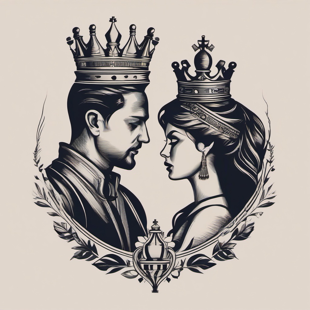 Chess King and Queen Tattoo - Strategize your love with chess-themed ink.  minimalist color tattoo, vector