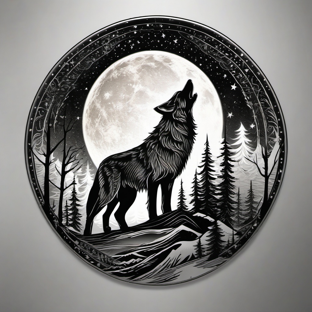 Howling Wolf Tattoo,call of the wild, howling wolf under the starry night, etched in eternal ink. , tattoo design, white clean background