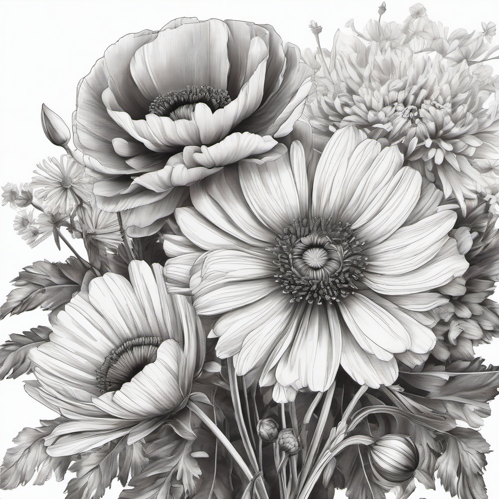 Black and white Poppy, Daisy, chrysanthemum bouquet draw in pencil style