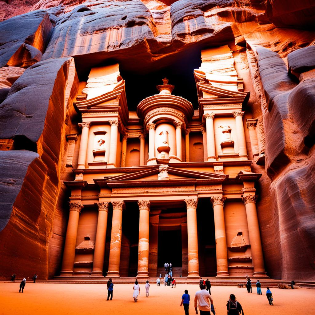 petra, jordan - capture the ancient wonder of petra, with its intricate rock-cut architecture and narrow siq under the moonlight. 