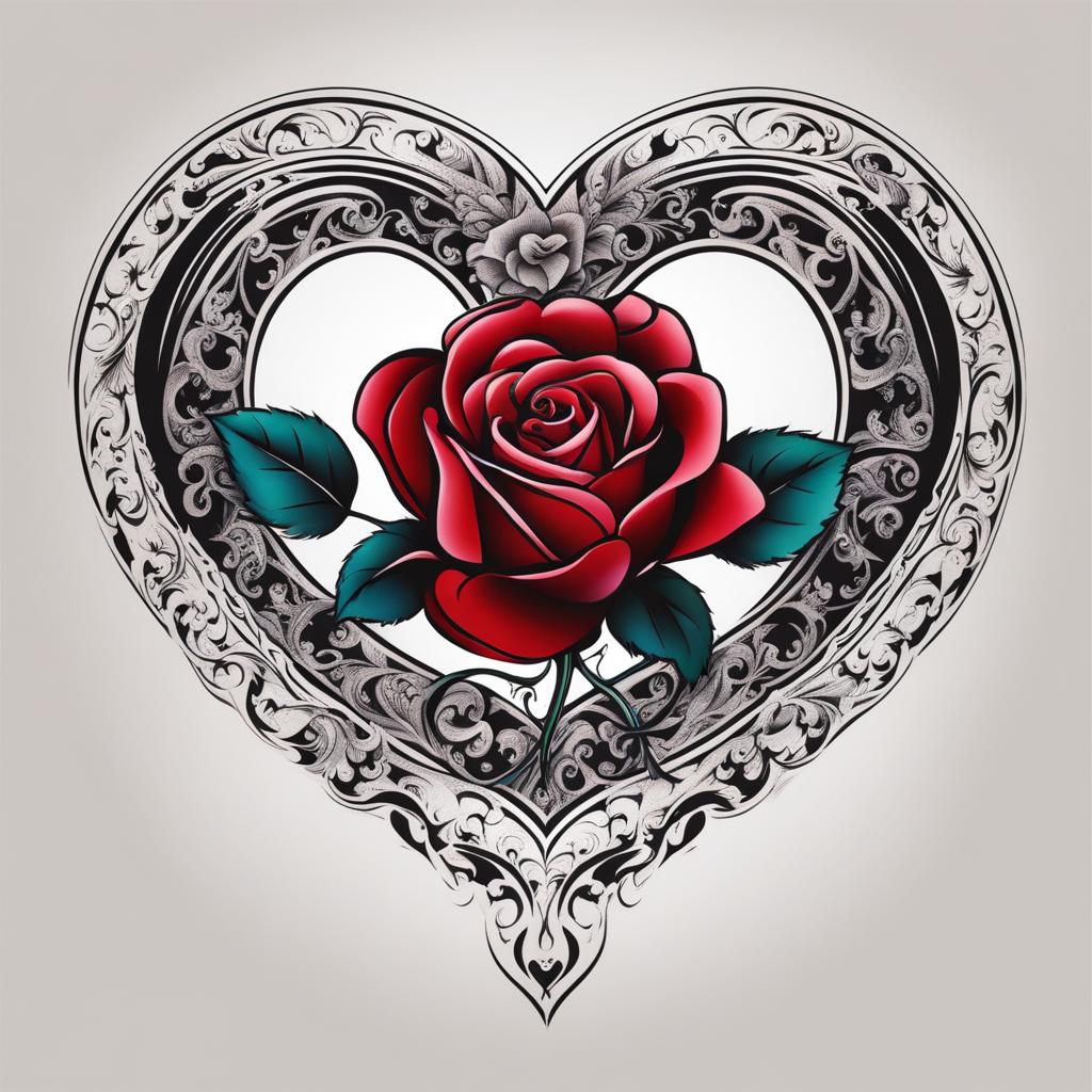 Heart and rose tattoo, Expressing love and passion with heart and rose-themed tattoos.  color, tattoo patterns, white clean background