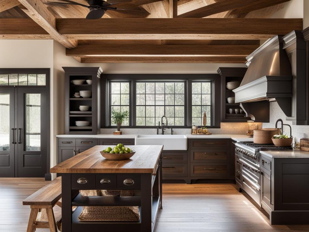 rustic kitchen with exposed wooden beams and farmhouse-style cabinets. 