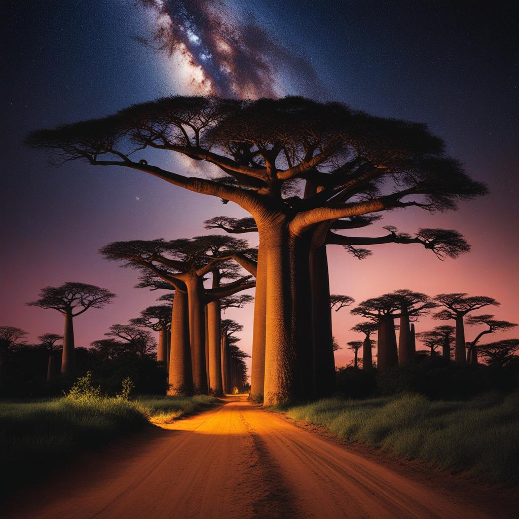 avenue of the baobabs, madagascar - create a mystical night scene featuring ancient baobab trees along a moonlit dirt road. 