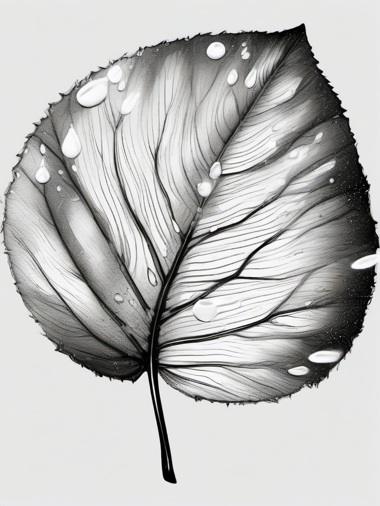 drawing of a leaf with soft raindrops  minimal rough sketch scribbles,doodles,black and white