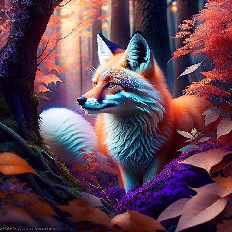 kitsune, the shape-shifting fox, weaving illusions in a serene, enchanted forest. 