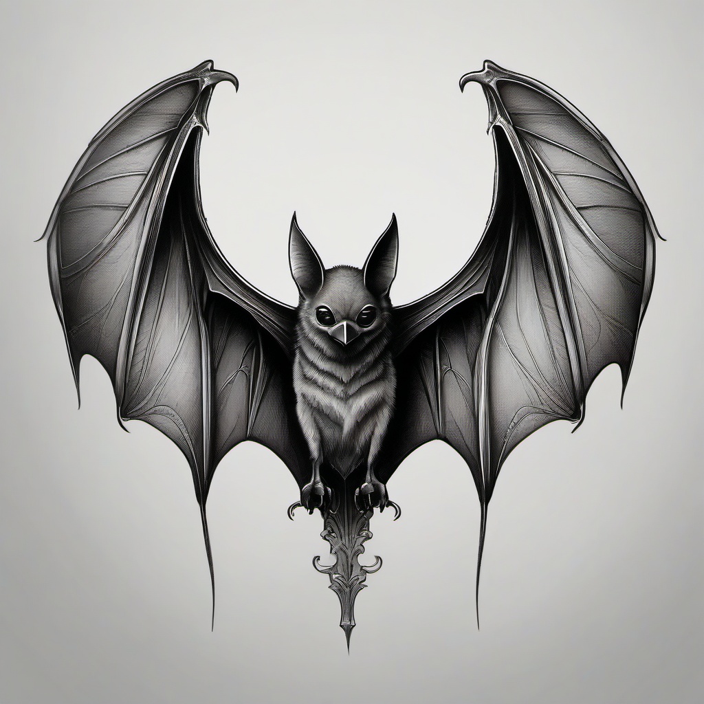 a tattoo design of a bat in black and grey, forward facing with symmetrical wings 