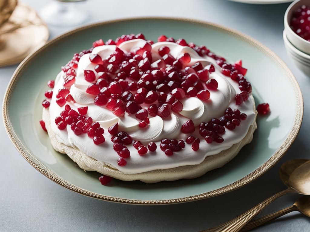 pomegranate pavlova, a fruity meringue dessert, indulged at an elegant garden party. 