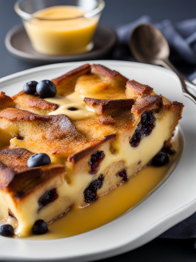 a warm and comforting bread and butter pudding, served with a drizzle of custard sauce. 