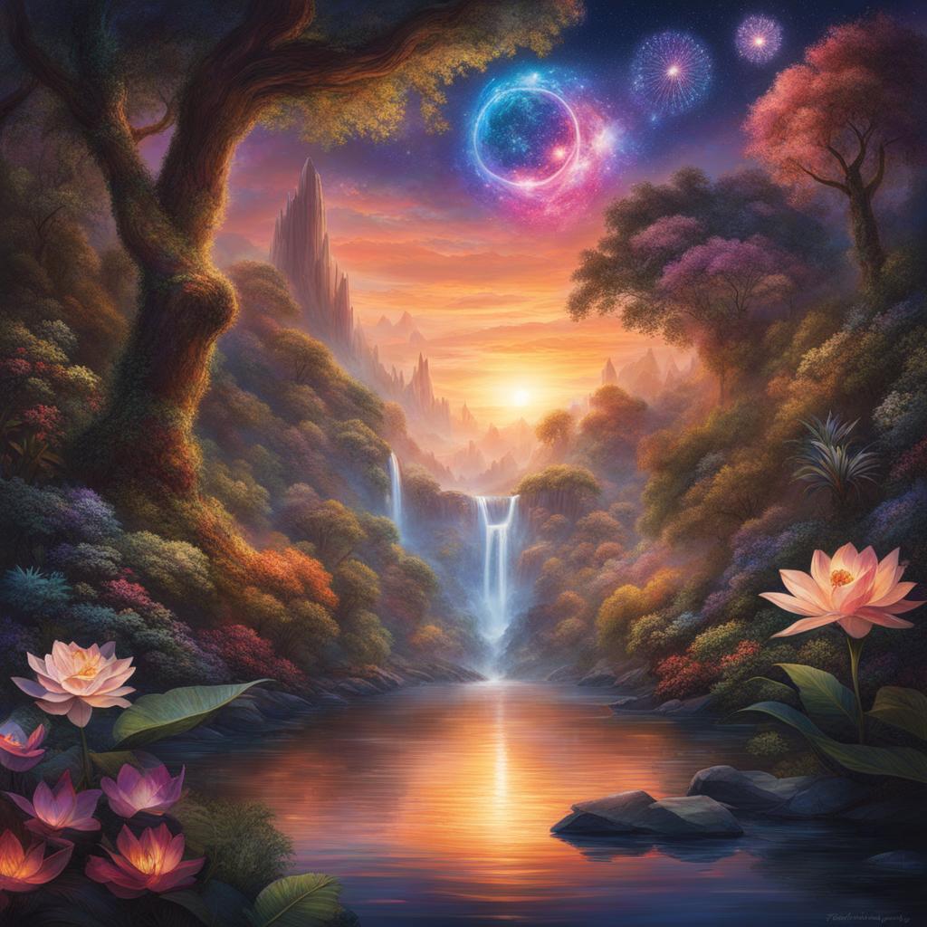 the living tapestry of gaia's dreams, where rivers of light flow through interconnected realms of flora and fauna. 