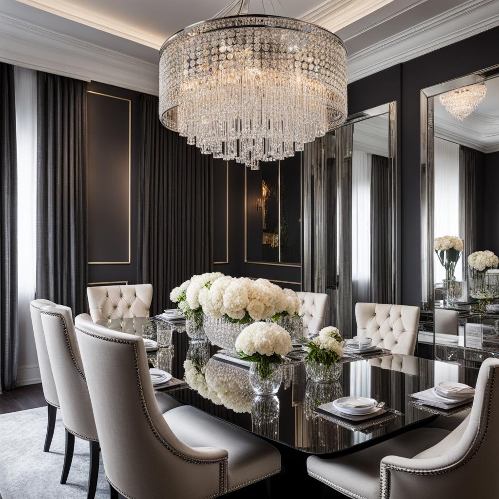 glamorous dining room with a mirrored dining table and crystal chandelier. 