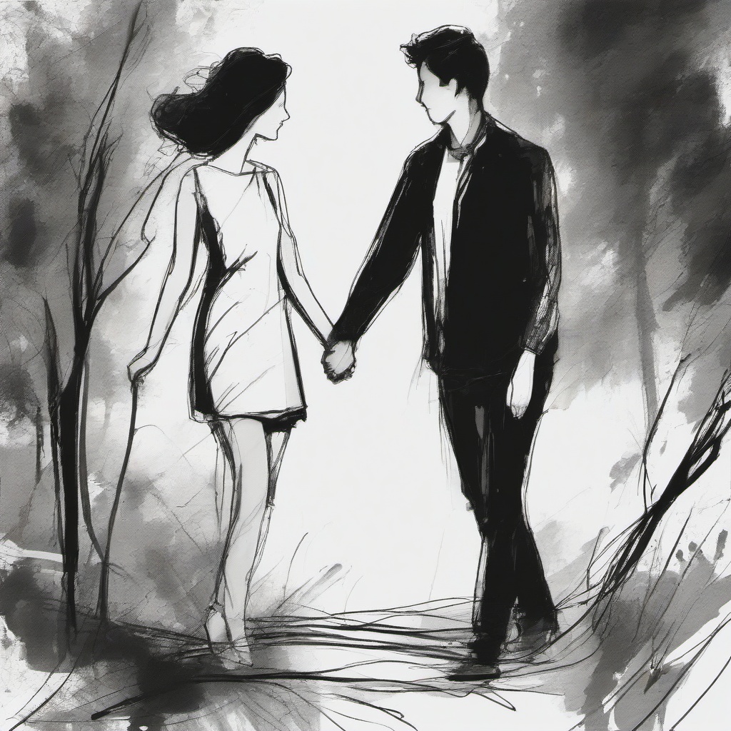 drawing of a couple holding hands  minimal rough scribbles,doodles,black and white