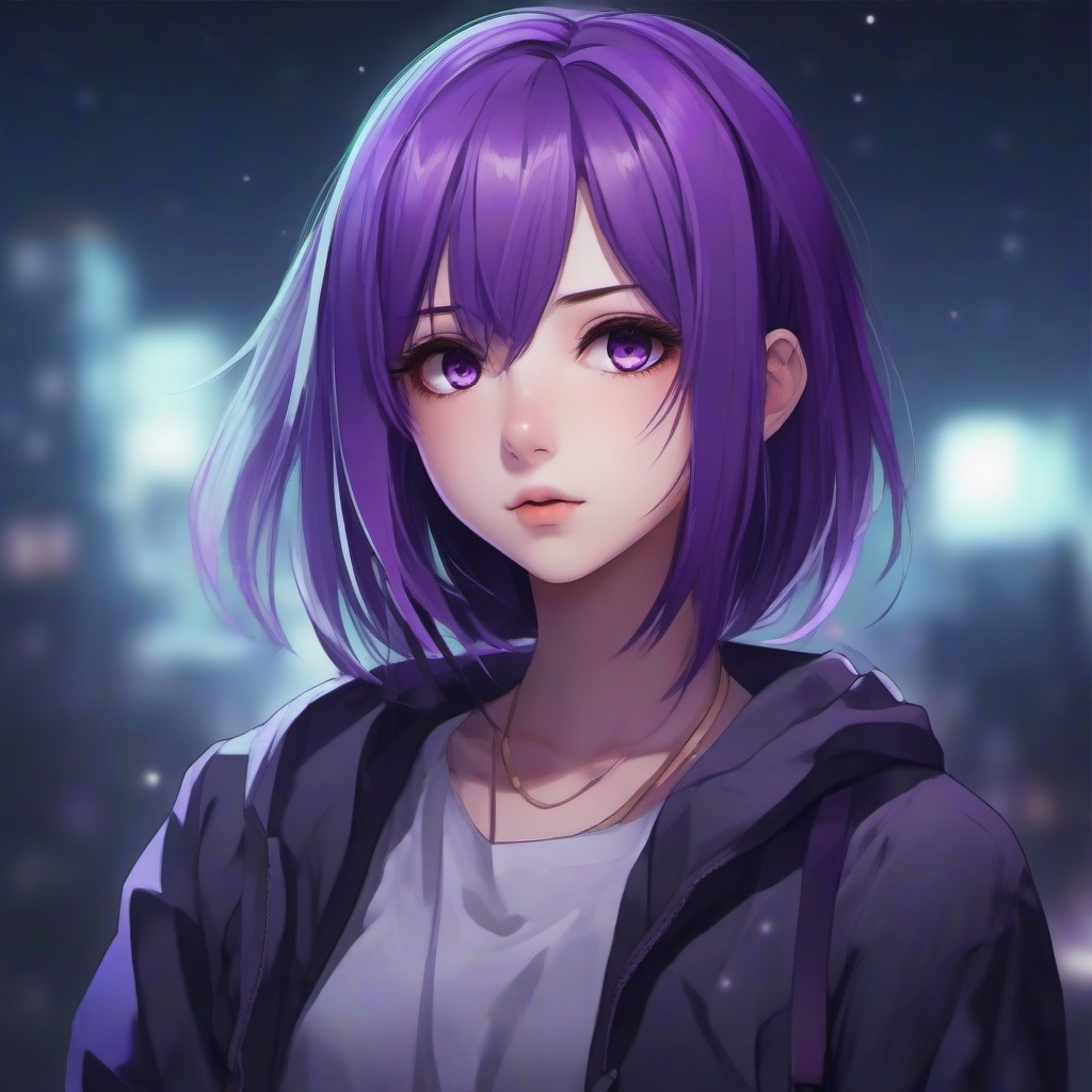 Anime girl spooky with purple hair and grey eyes   front facing ,centered portrait shot, cute anime color style, pfp, full face visible