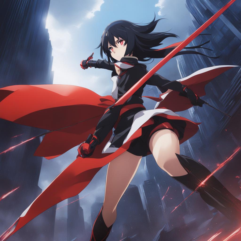 ryuko matoi engages in a climactic showdown with her nemesis in a dystopian cityscape. 