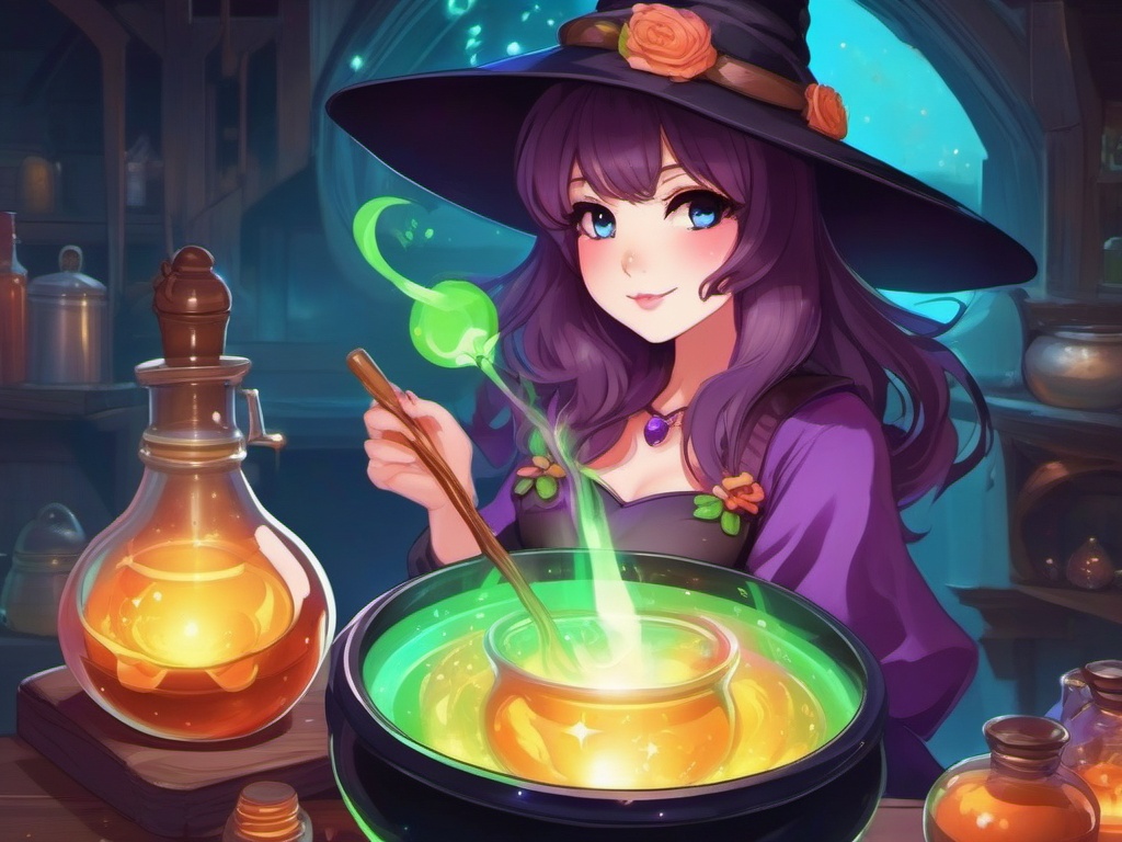 Kawaii witch, with a cauldron of colorful potions, brewing spells and concocting magical brews.  front facing ,centered portrait shot, cute anime color style, pfp, full face visible