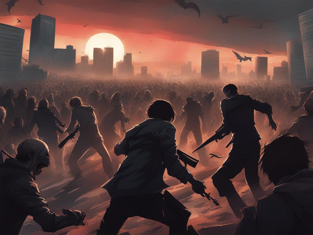 zombie apocalypse - illustrate an apocalyptic scene with anime characters fighting off hordes of zombies in a desolate city. 