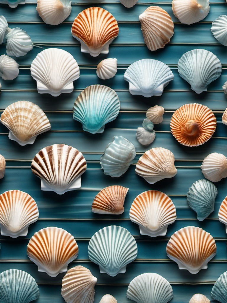 Seashell-patterned porcelain tiles with a luminous, underwater look top view, product photoshoot realistic background, hyper detail, high resolution