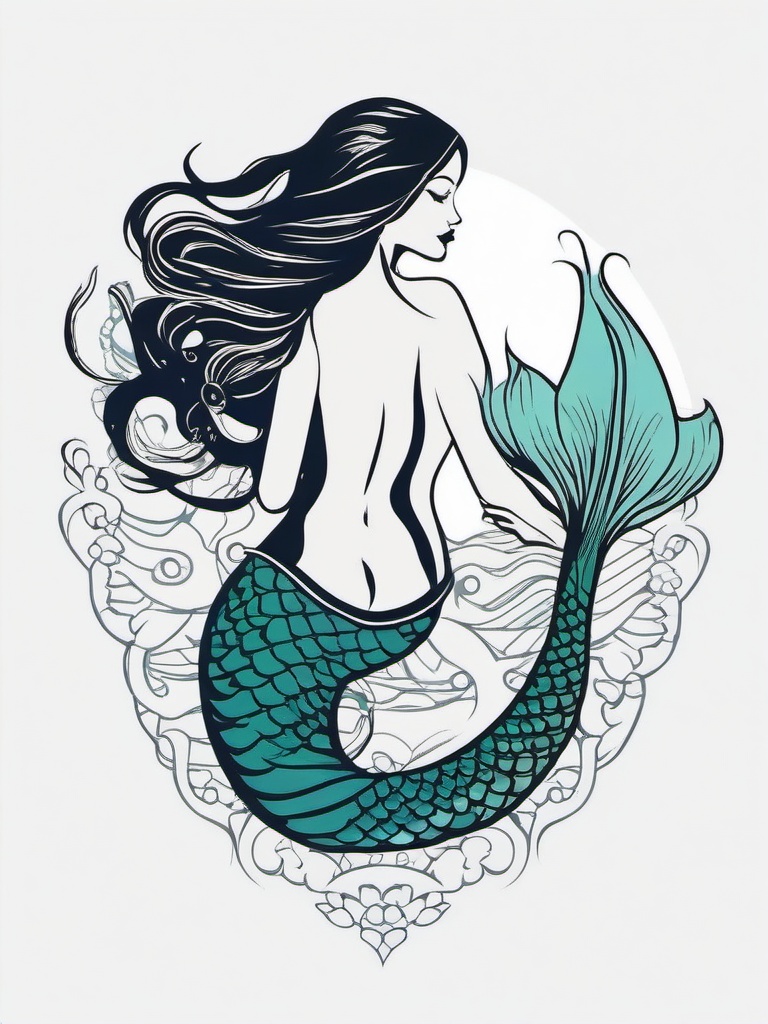 Diver Mermaid Tattoo - Symbolize the beauty of the ocean with a tattoo featuring a diver and a mermaid.  simple vector color tattoo,minimal,white background