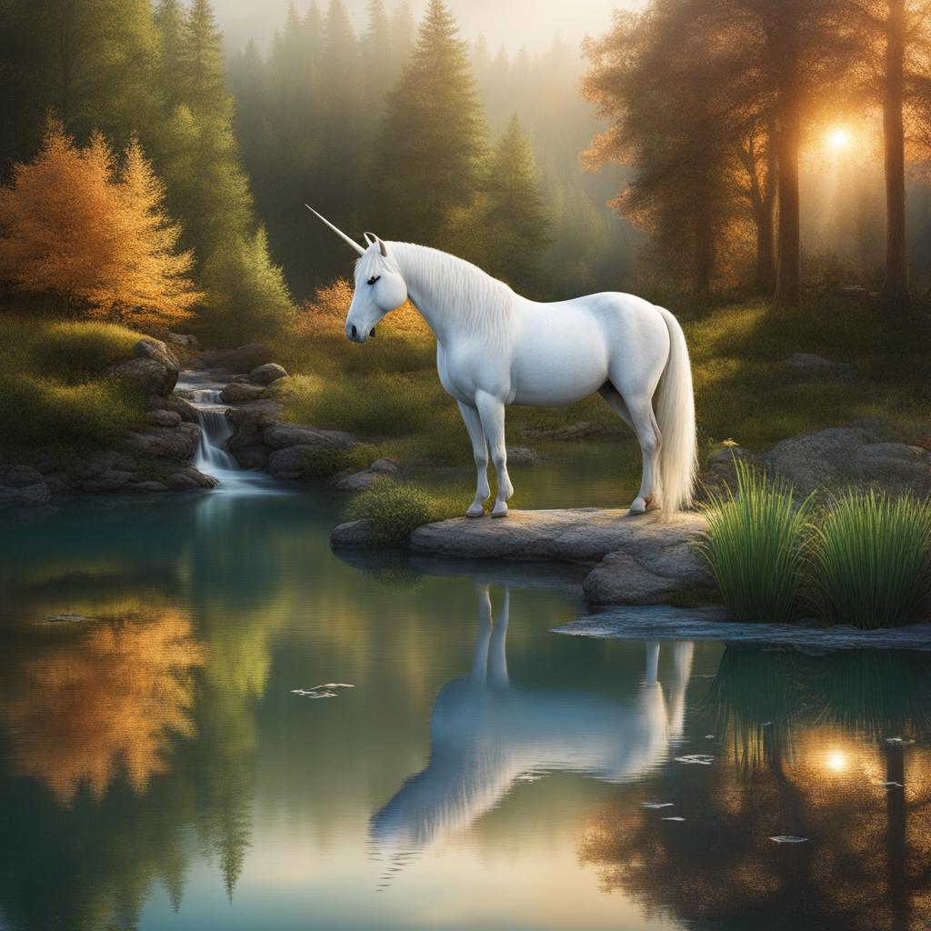 wise unicorn standing beside a crystal-clear pond, offering its guidance to a lost traveler. 