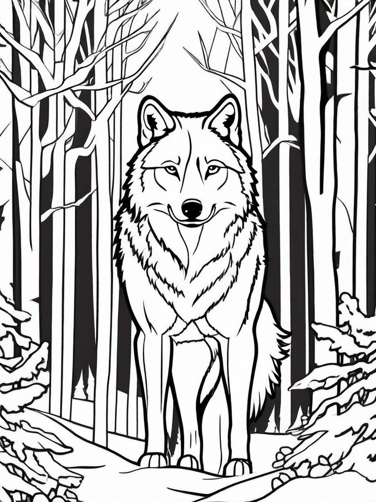 Winter Wolf Coloring Pages - Wolves in Snow-Covered Forests  minimal black outline printable sheet, coloring page