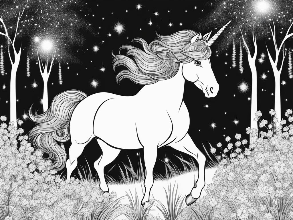 unicorn coloring pages - dazzling unicorn weaving through a field of fireflies, its presence igniting the night with magic. 