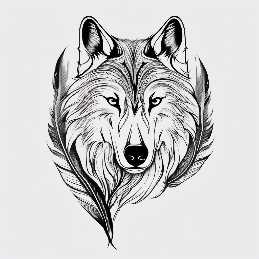 Feather Wolf Tattoo - Combination of a feather and wolf motifs.  simple vector tattoo,minimalist,white background