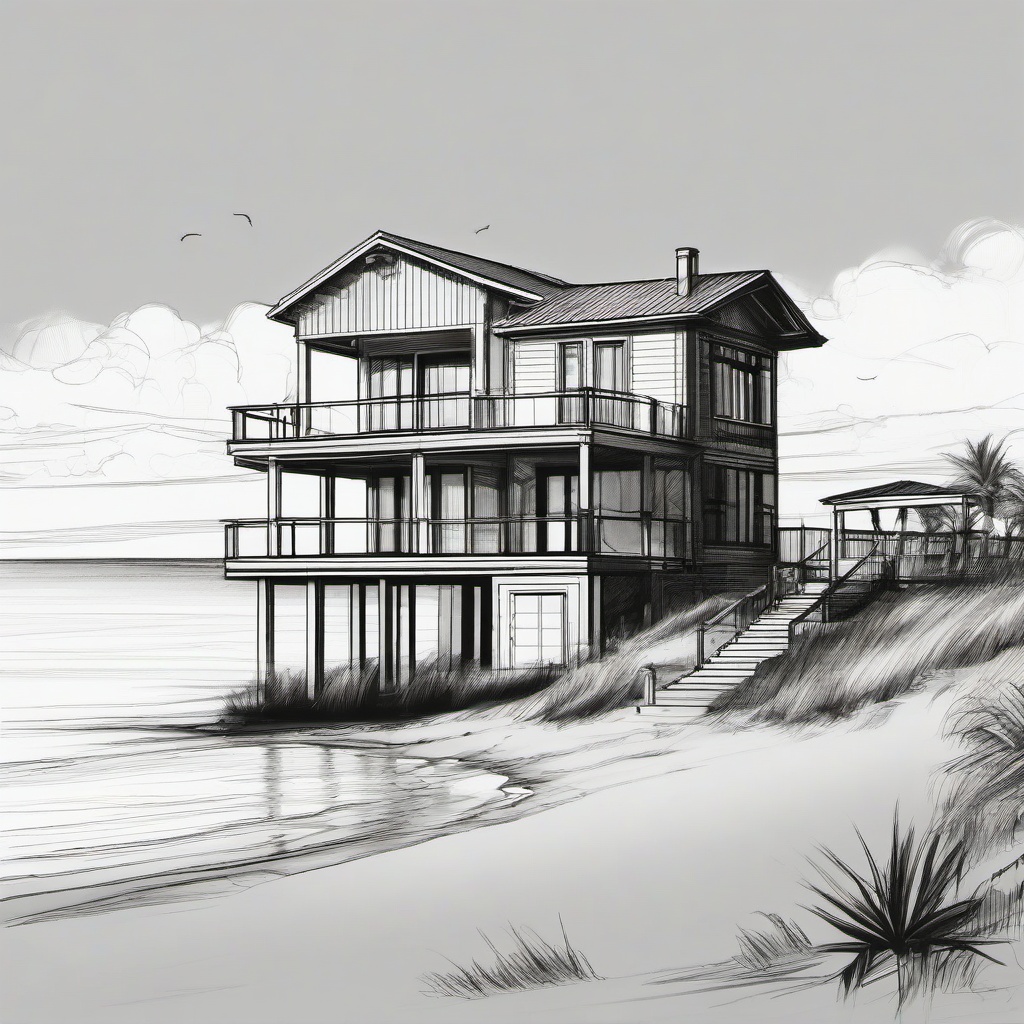 drawing of a beach house  minimal rough sketch scribbles,doodles,black and white