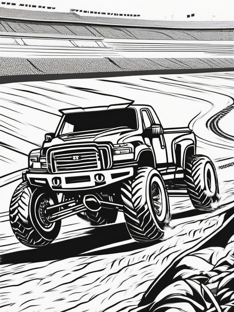 Monster Truck Racing on a Dirt Track Coloring Pages - Trucks Racing on Bumpy Tracks  minimal black outline printable sheet, coloring page