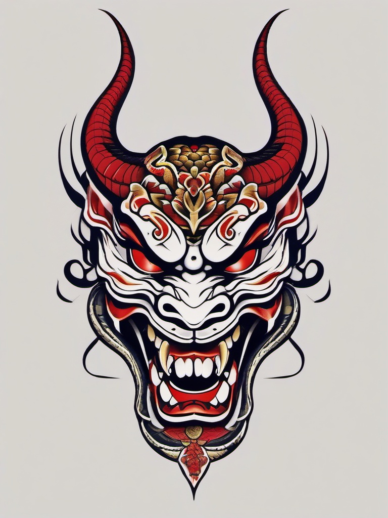 hannya mask snake tattoo  simple color tattoo,white background,minimal