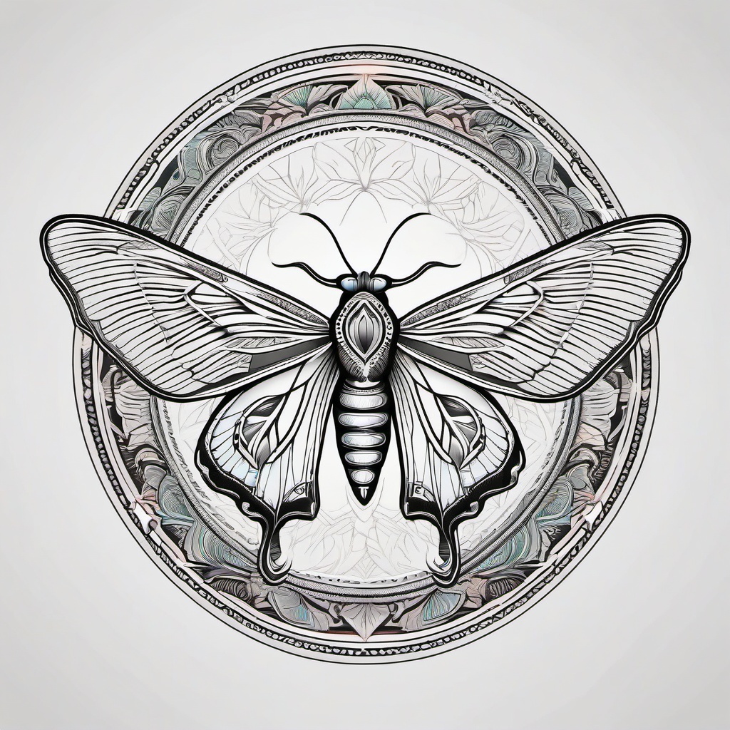 Luna Moth Mandala Tattoo - Showcase the intricate beauty of a Luna moth integrated into a mandala design in a visually stunning tattoo.  simple vector color tattoo, minimal, white background