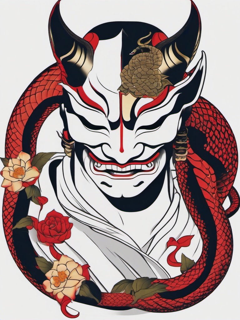 hannya mask and snake  simple color tattoo,white background,minimal