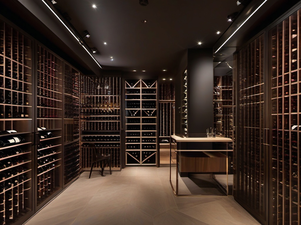 In the wine cellar, Bauhaus interior design features sleek storage solutions, natural materials, and a clean aesthetic that creates a sophisticated atmosphere for wine enthusiasts.  