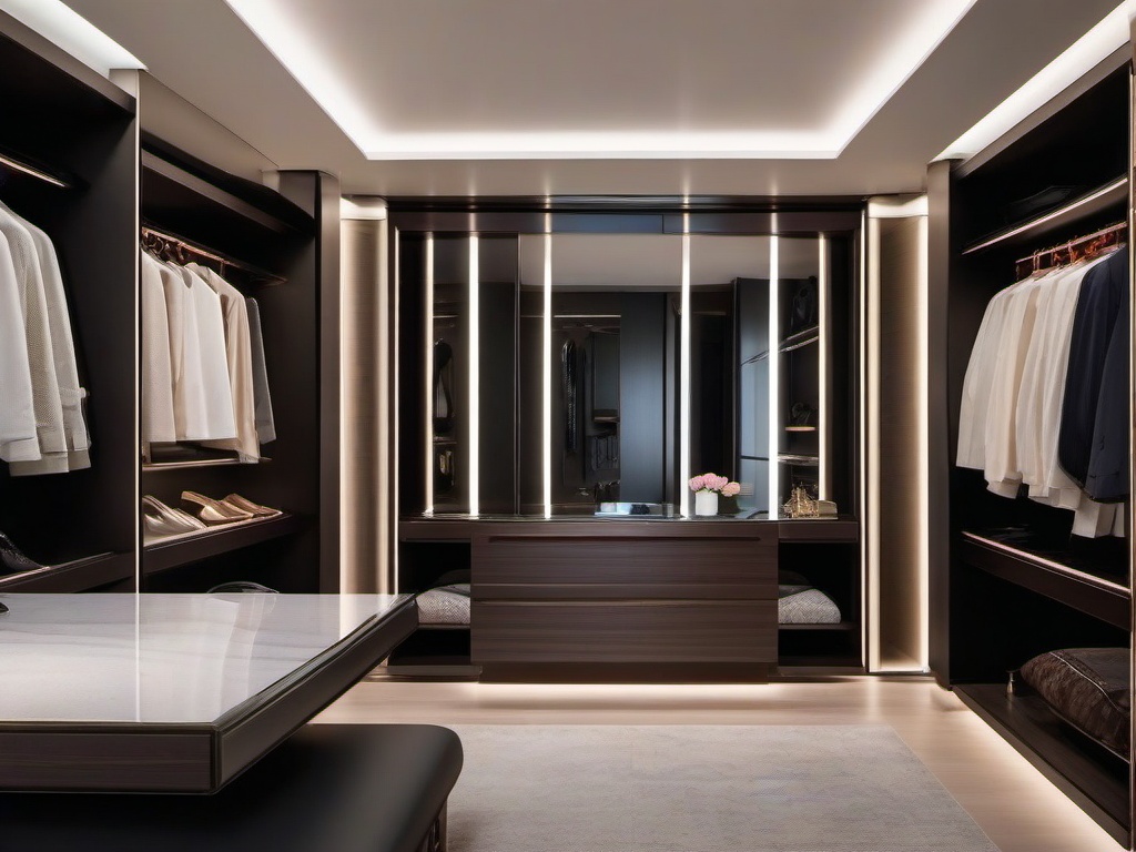 In the walk-in closet, futuristic interior design includes smart storage solutions, sleek finishes, and integrated lighting that create a stylish and organized dressing area.  