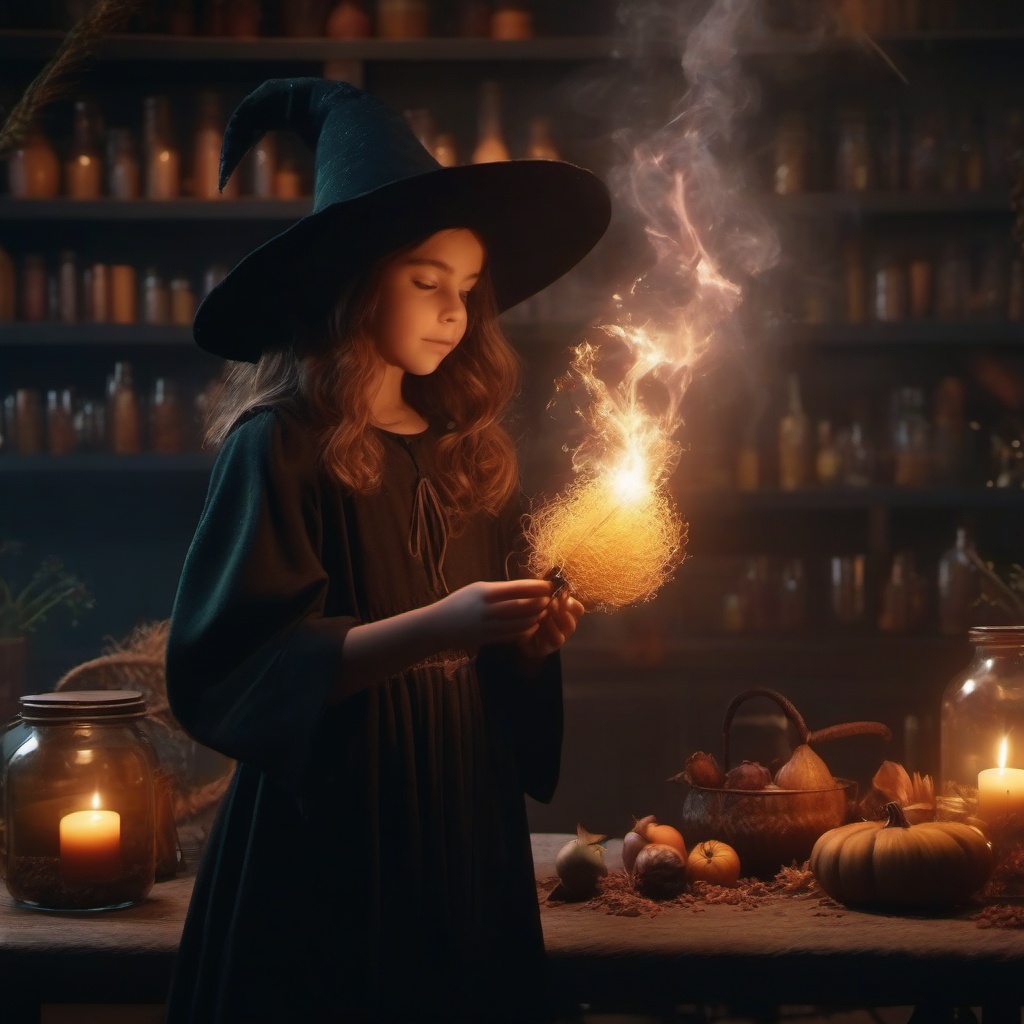 Young witch's magical experiments with potion ingredients lead to an accidental summoning of an enchanted broomstick.  8k, hyper realistic, cinematic