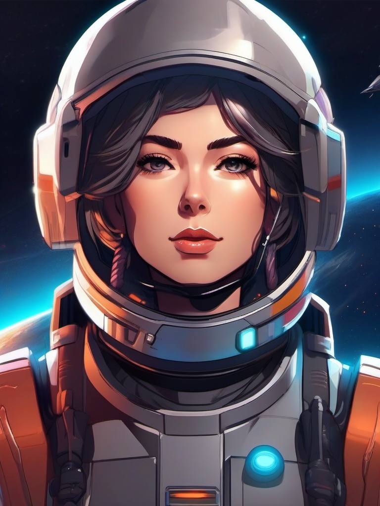 Sci-fi space captain, standing confidently on a distant planet's surface, giving orders to the crew for a crucial mission.  front facing ,centered portrait shot, cute anime color style, pfp, full face visible