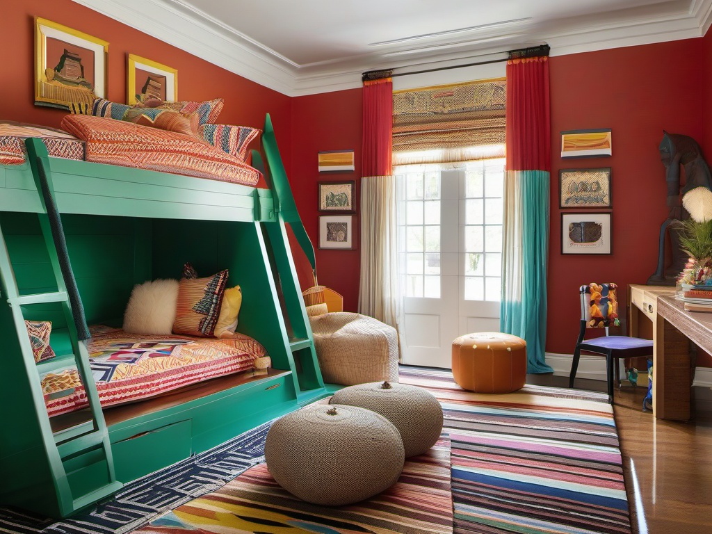 In the kids' room, Egyptian Revival interior design showcases vibrant furniture, decorative accents, and bold patterns that encourage imagination and playfulness.  