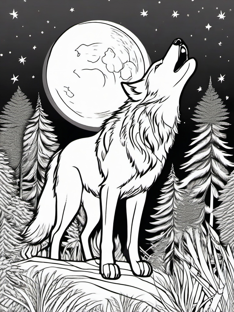 Wolf Coloring Pages - Howling wolf against a full moon  simple coloring pages