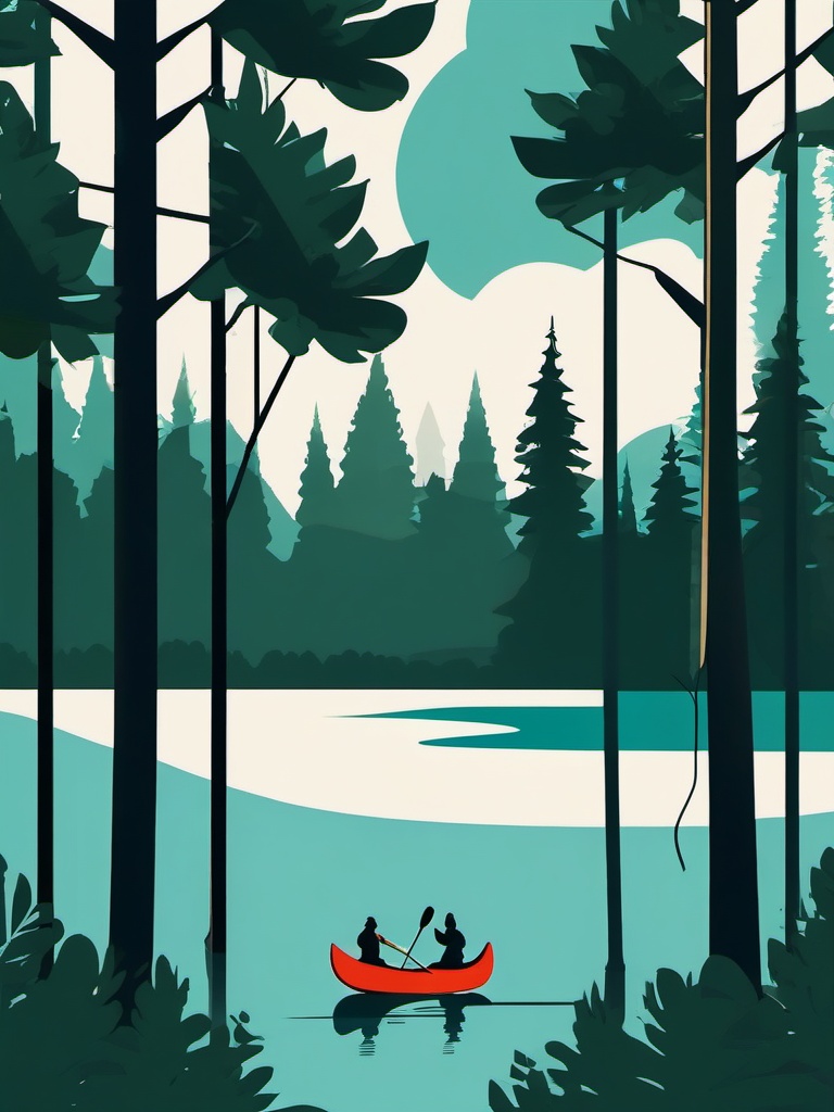 Canoeing in a Forested Lake Clipart - A canoe on a forested lake.  color vector clipart, minimal style