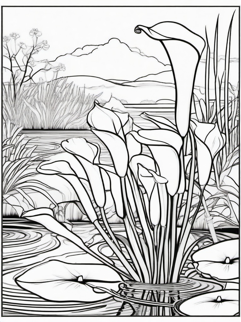 Calla Lily coloring page sheet - Graceful calla lilies standing by the edge of a tranquil pond.  black outline printable coloring page