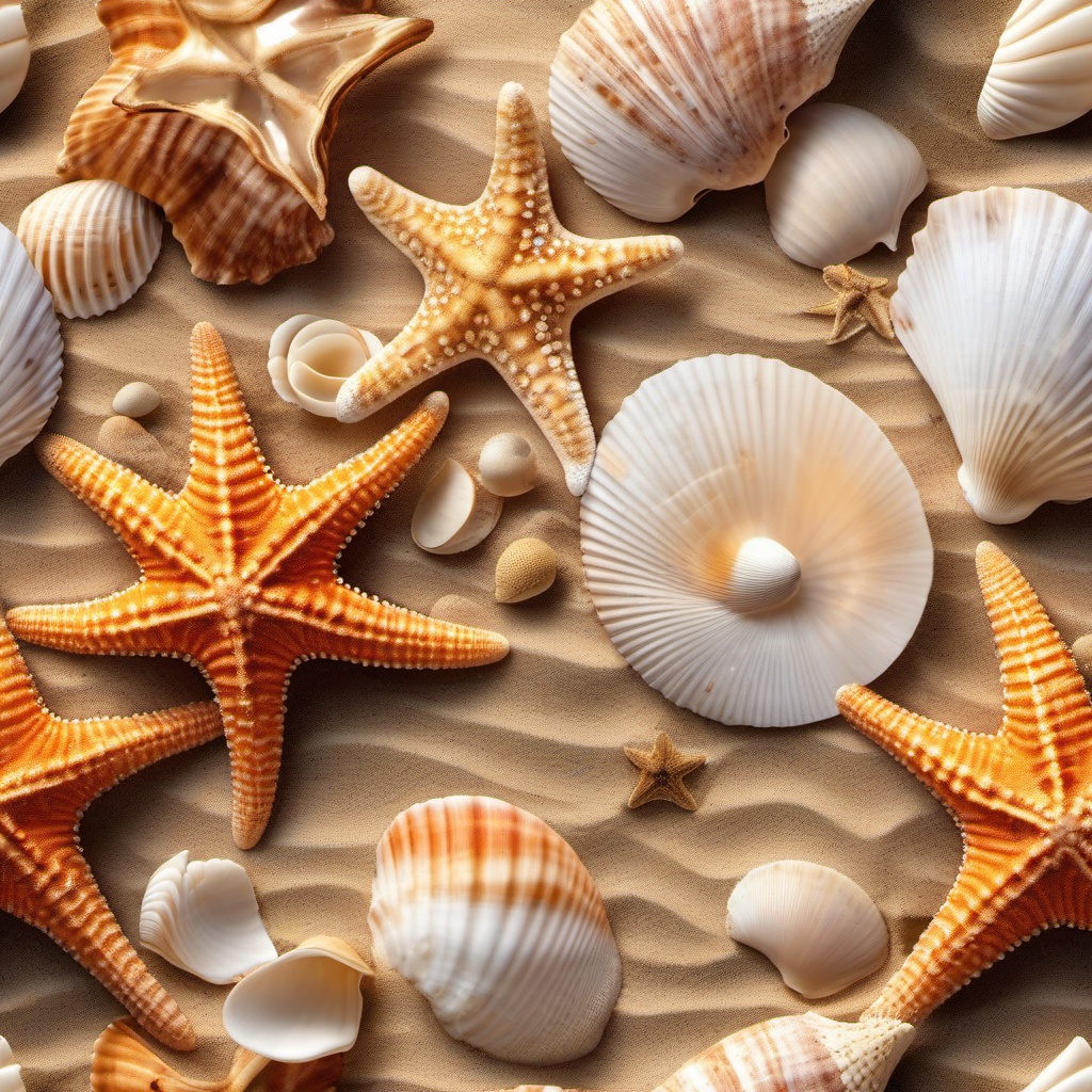 Seashells and starfish scattered on the sand close shot perspective view, photo realistic background, hyper detail, high resolution