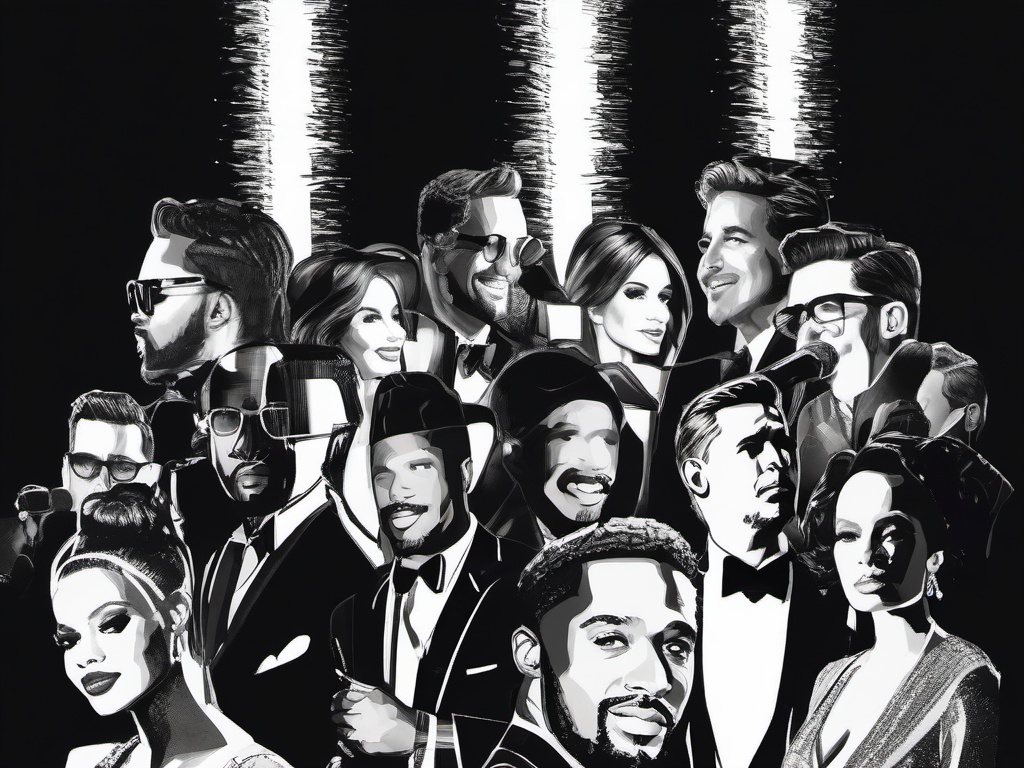 drawing of celebrities at an award show  minimal rough sketch scribbles,doodles,black and white