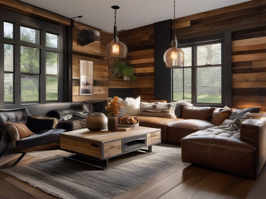 Modern Rustic living room with reclaimed wood walls, industrial lighting, and cozy furniture creates a stylish yet earthy vibe.  