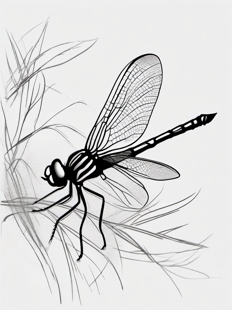 drawing of a dragonfly in a garden  minimal rough sketch scribbles,doodles,black and white