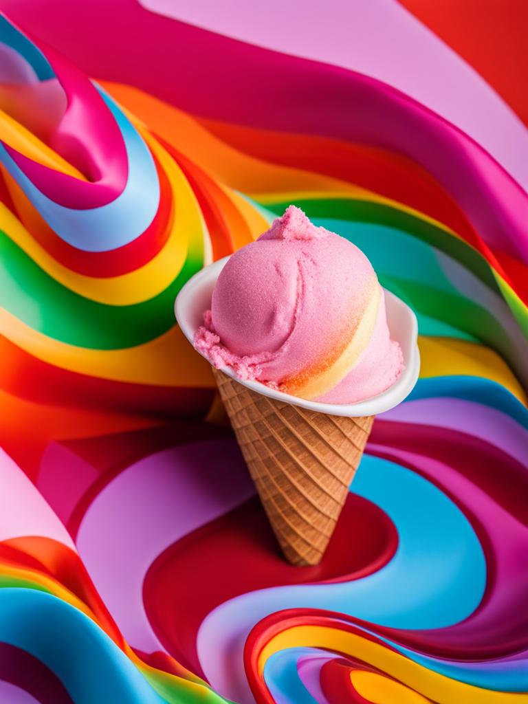 rainbow sherbet scooped onto a cone during a vibrant summer carnival. 