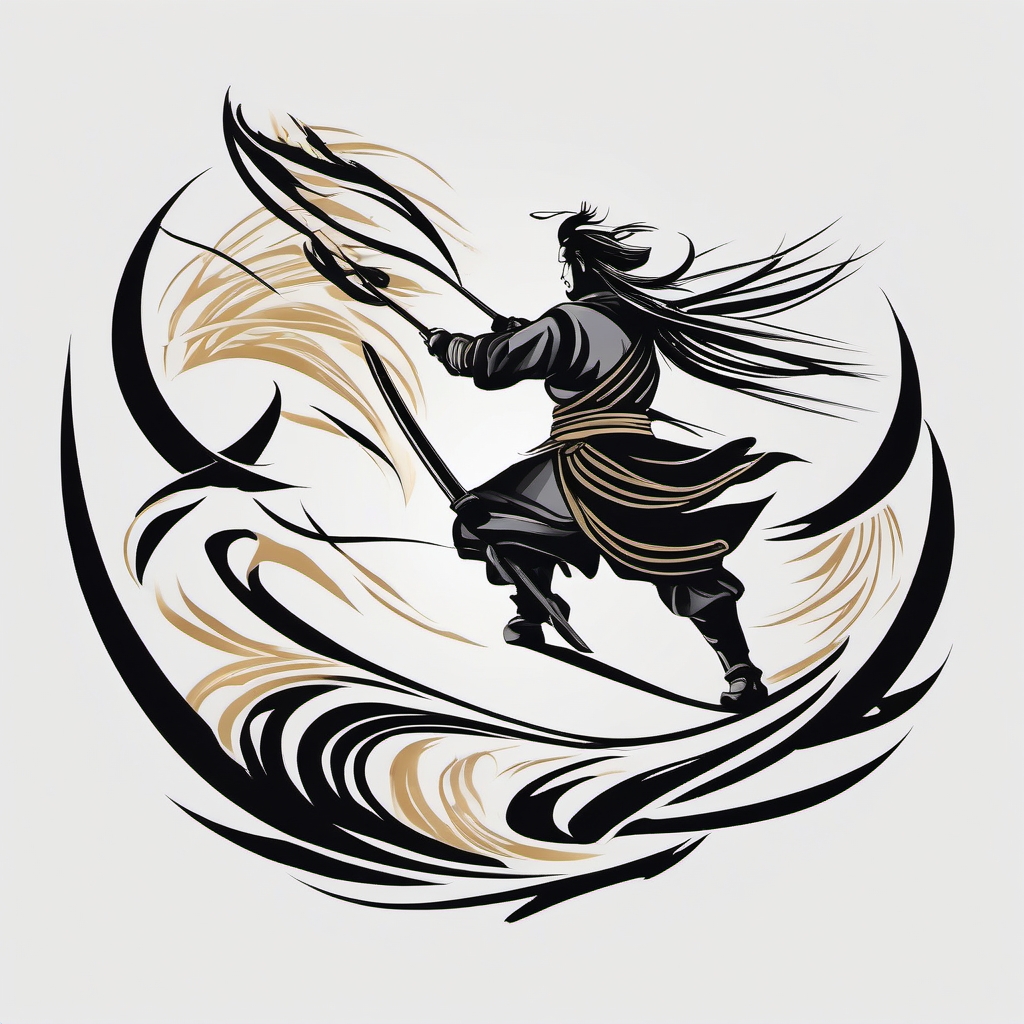 Wandering samurai tattoo turning into a quill, symbolizing resilience.  color tattoo,minimalist,white background