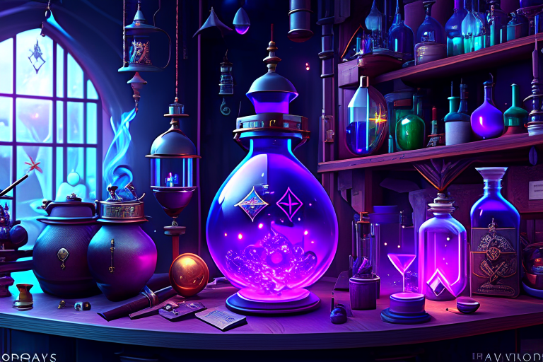 magical laboratory equipped with bubbling potions, arcane symbols, and alchemical tools. 