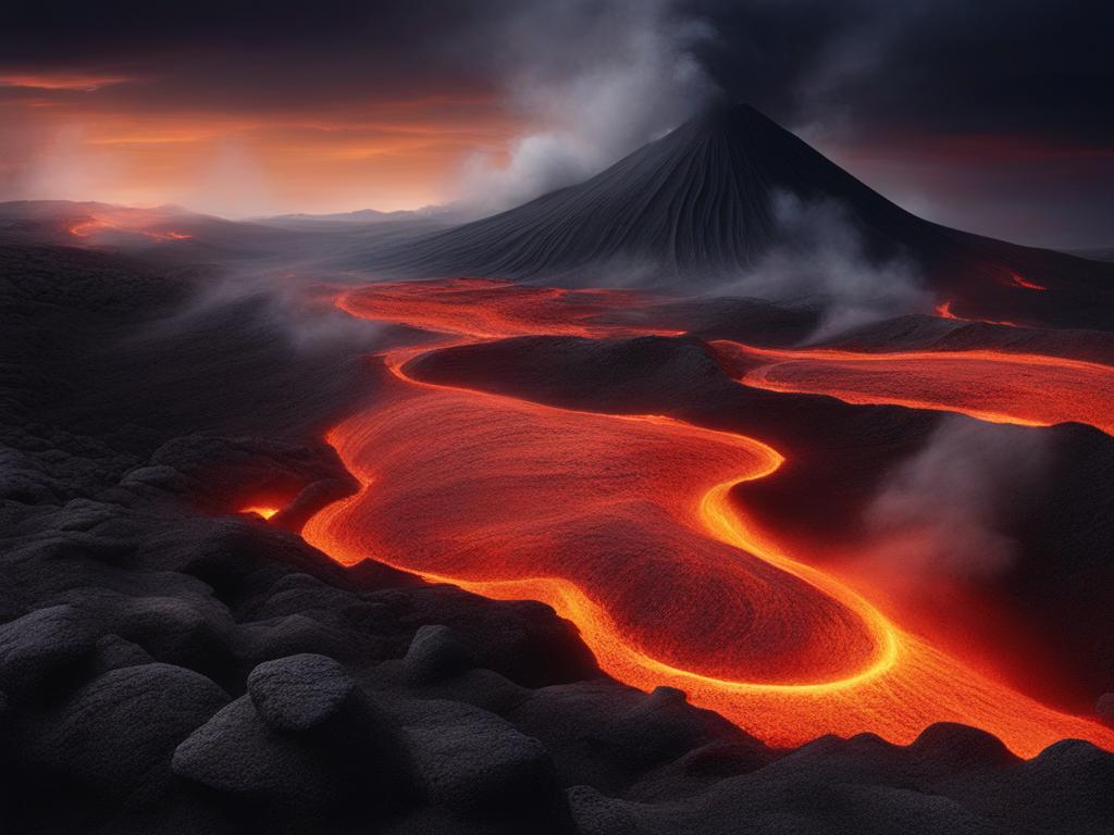 volcanic landscape - create an artwork featuring a dramatic volcanic landscape with erupting lava. 