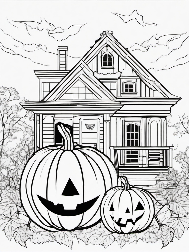 Pumpkin and Haunted House Coloring Pages - Creepy House Behind a Pumpkin  minimal black outline printable sheet, coloring page