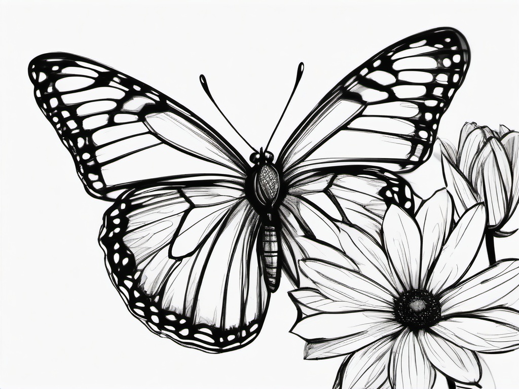 drawing of a butterfly resting on a flower  minimal rough sketch scribbles,doodles,black and white