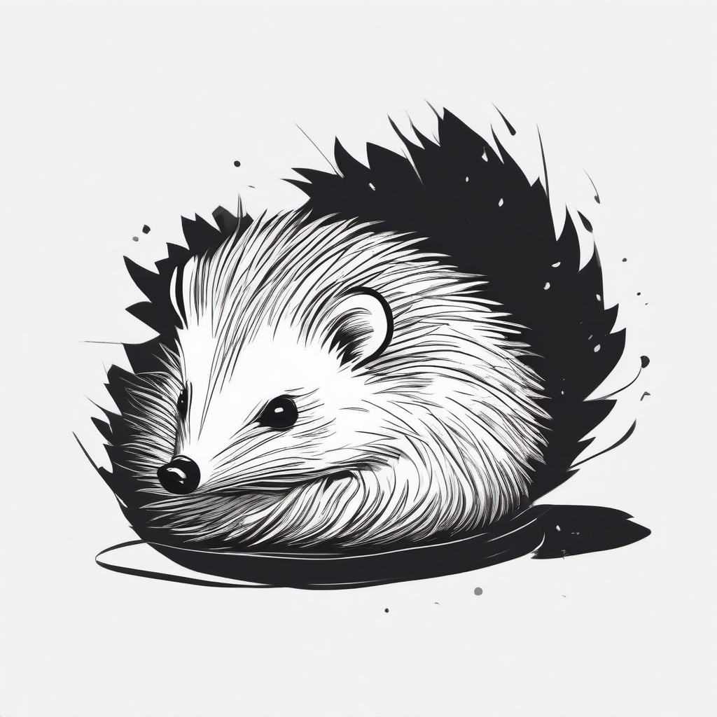 drawing of a tiny hedgehog curled up  minimal rough sketch scribbles,doodles,black and white