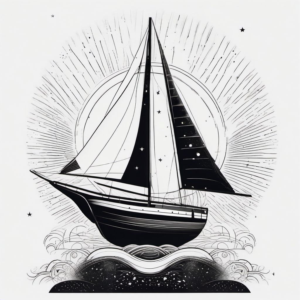 Sailboat with celestial elements ink. Cosmic voyage in art.  minimalist black white tattoo style